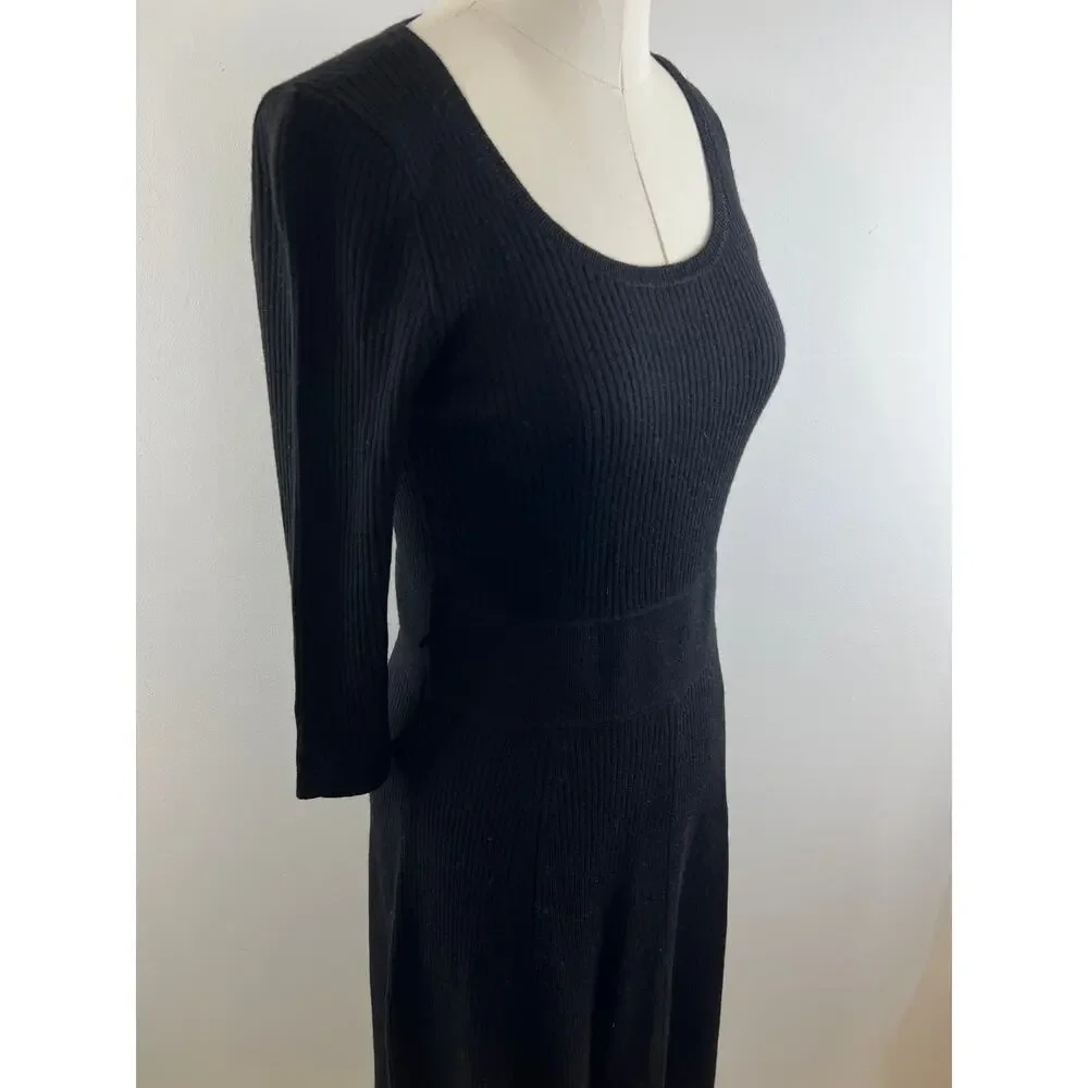 Lauren Ralph Lauren Black Merino Wool Ribbed 3/4 Sleeve Sweater Dress Sz PM NEW